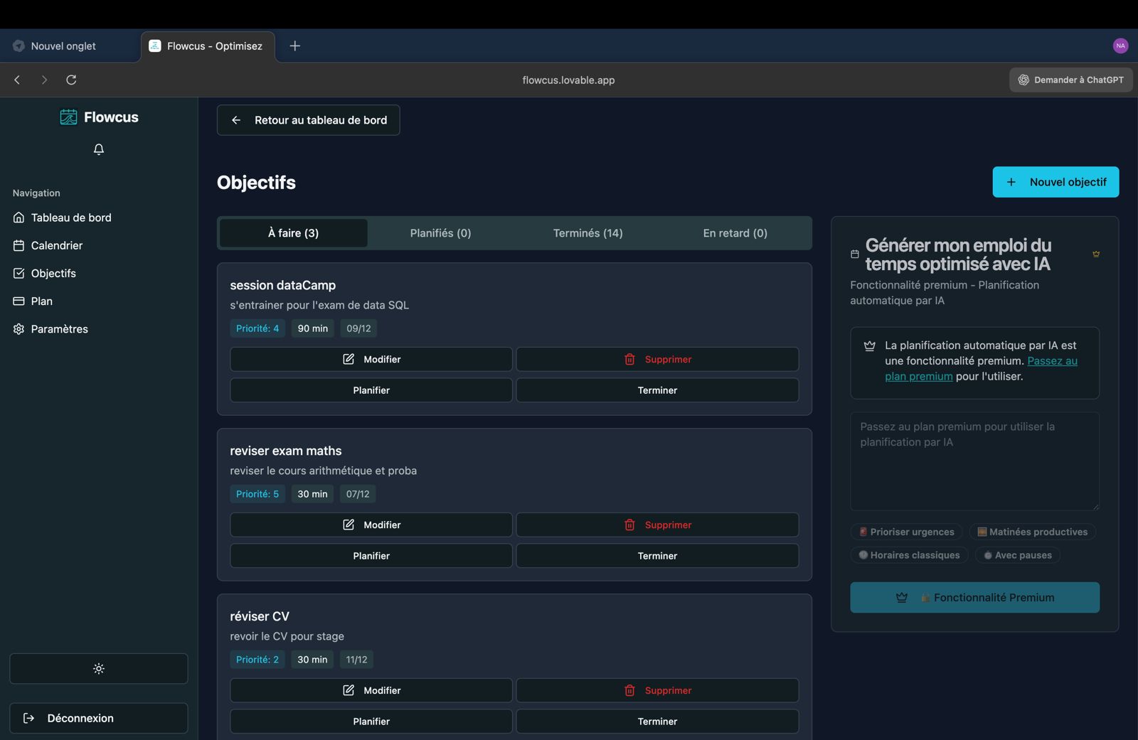 Screenshot of the Flowcus app objectives page displaying a list of study tasks, planning options, and a panel for AI-based schedule optimization.