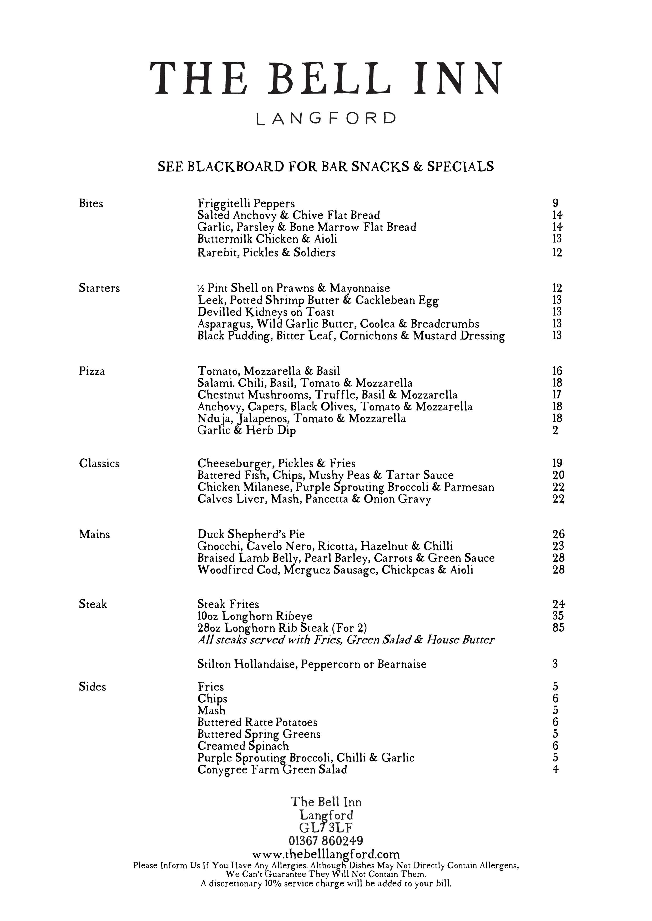 A La Carte Menu