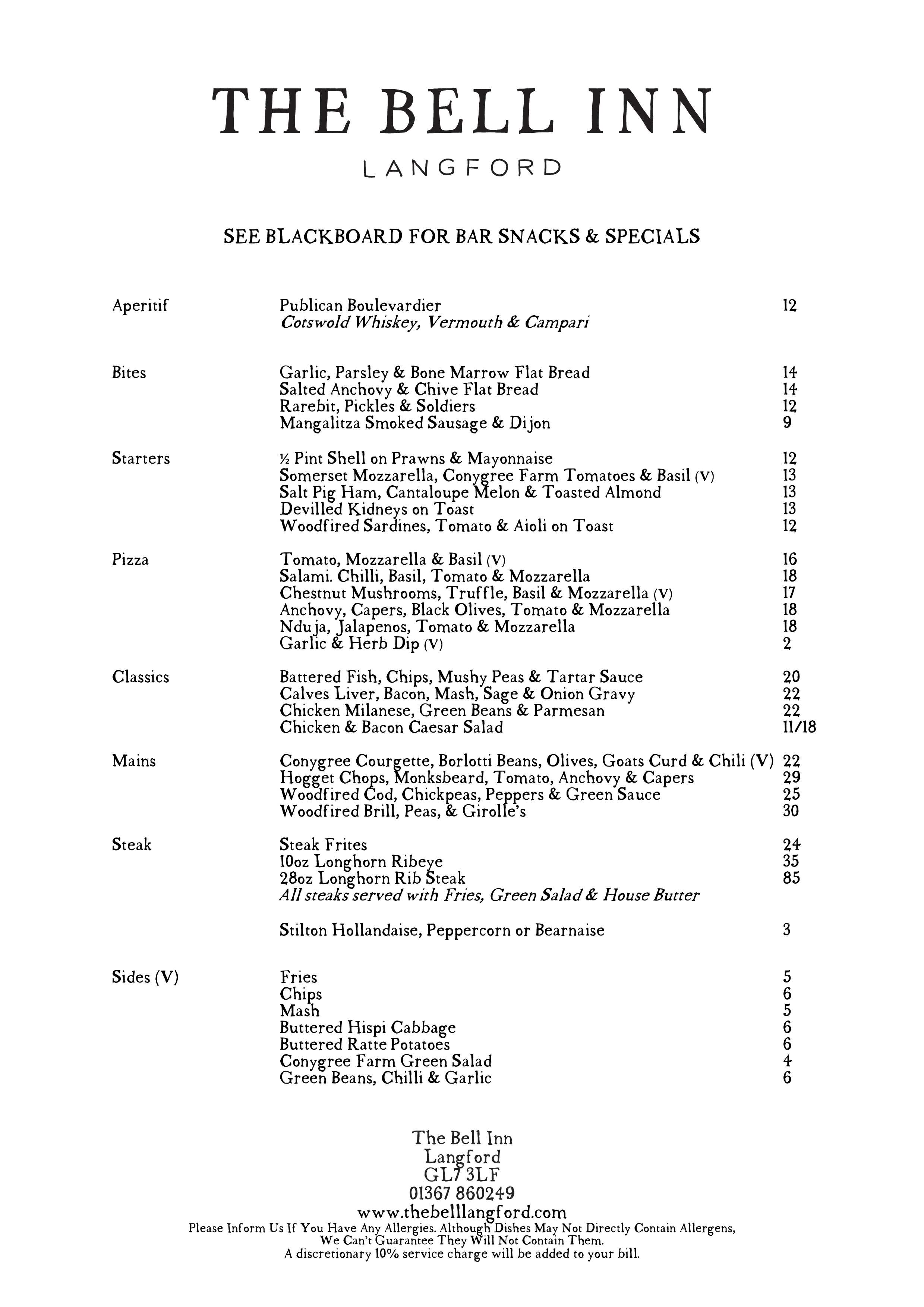 A La Carte Menu