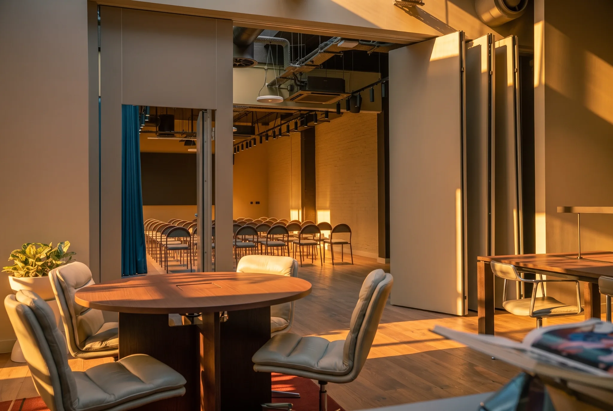 Meeting and breakout area beside The Stage at Qube Shoreditch