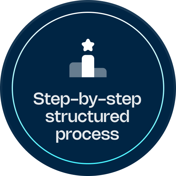 Rundes Icon mit einer stilisierten Person auf einem kleinen Podest und einem Stern darüber, zeigt eine Art strukturierte Anleitung oder Zielorientierung.