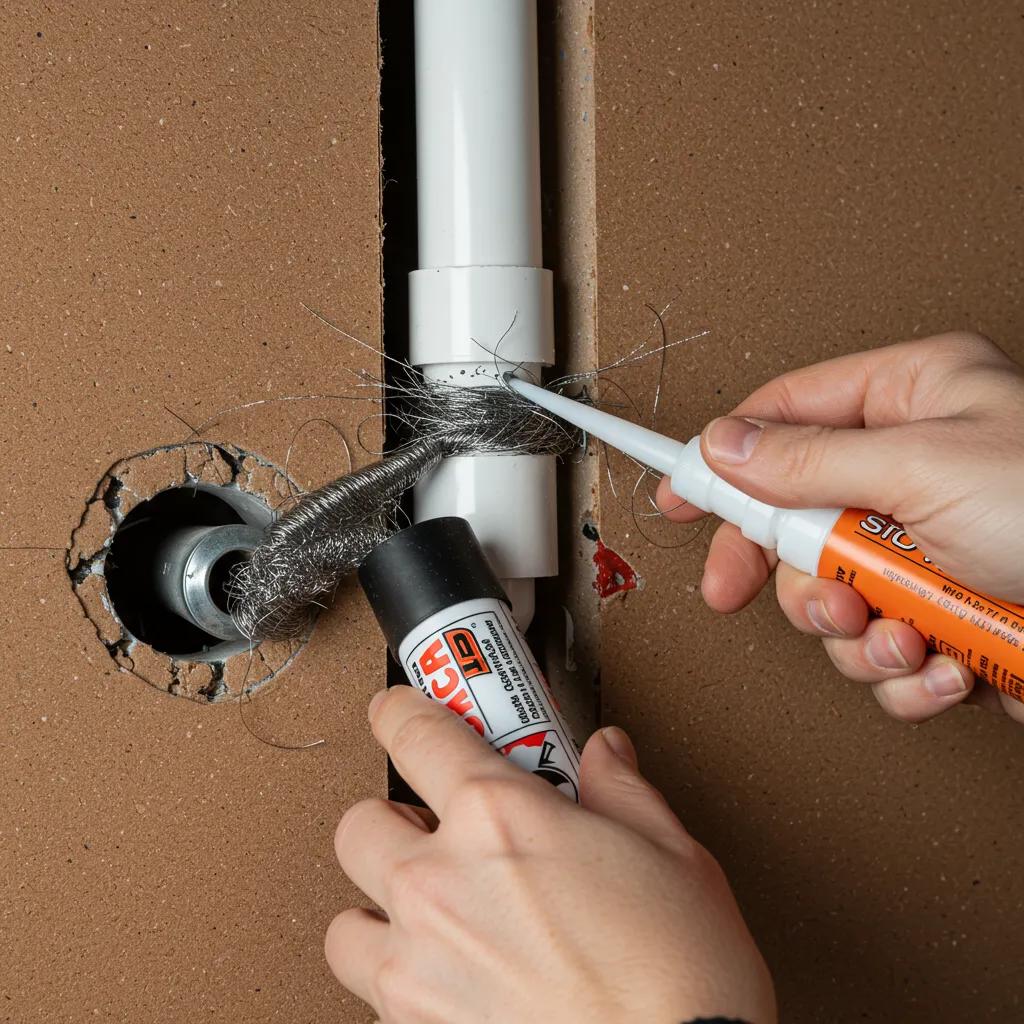 Homeowner sealing gaps to prevent rat entry using steel wool and silicone caulk