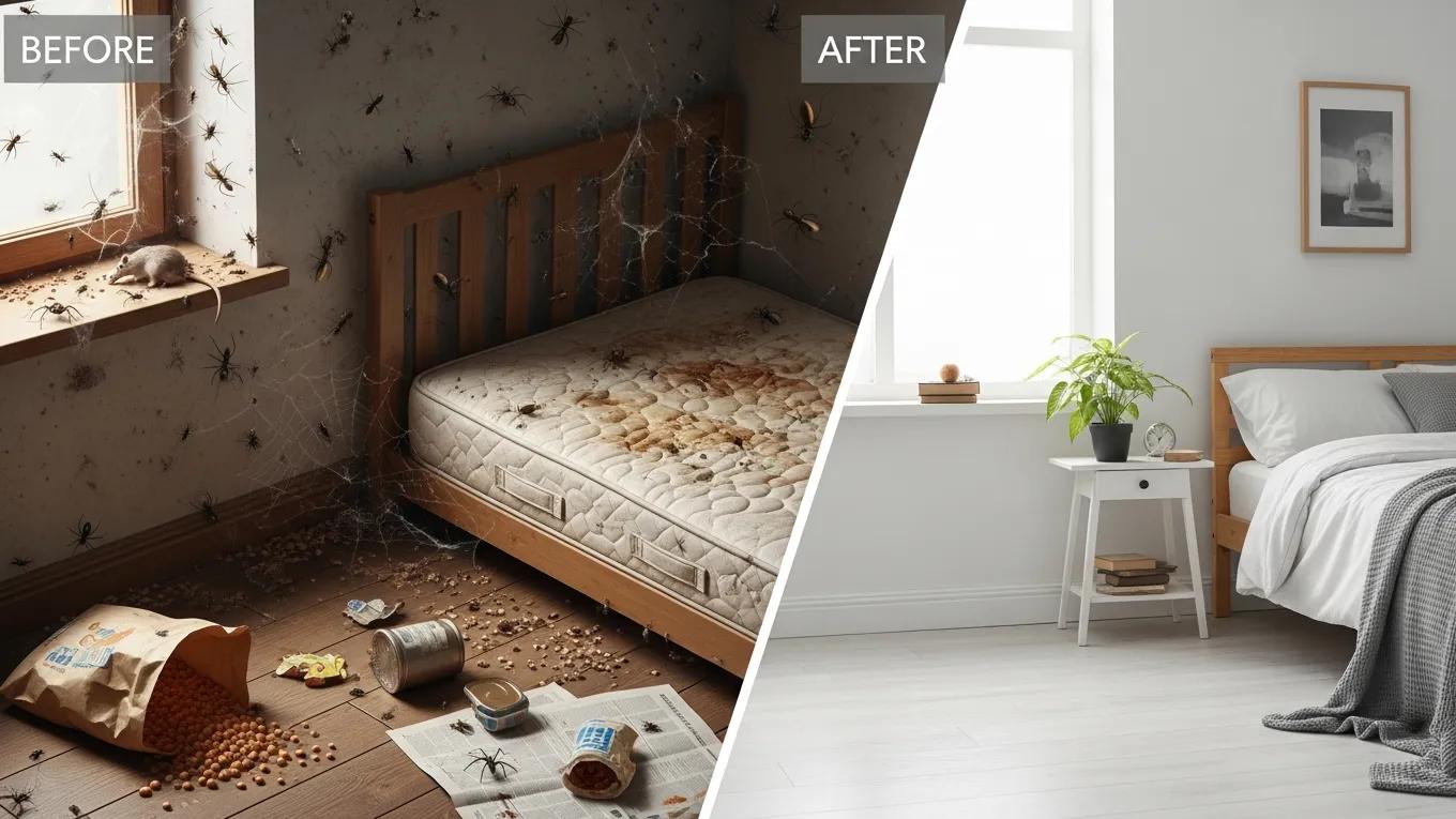 side by side image of pest infested room before and after