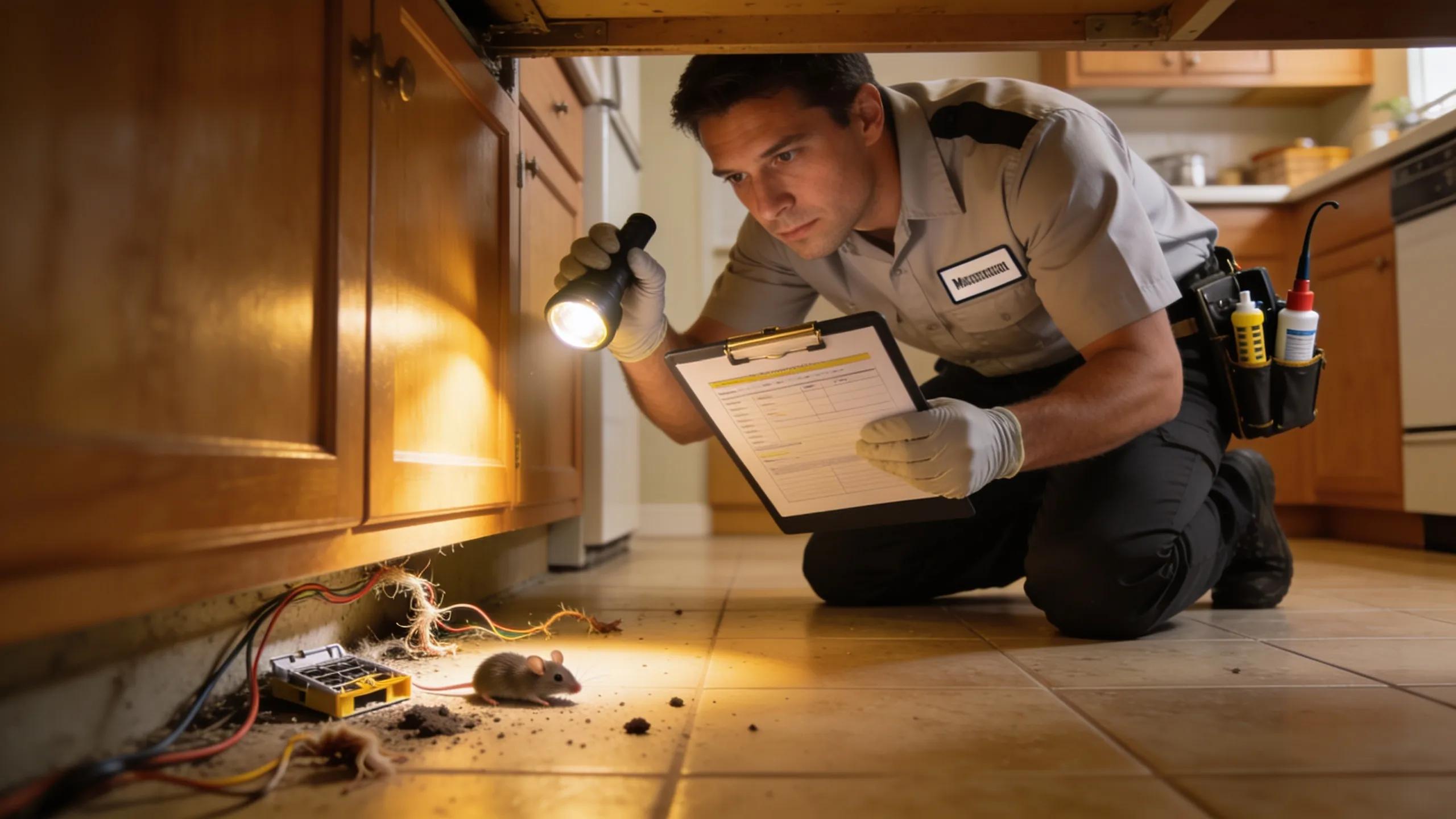 Pest control technician conducting an inspection for rodent issues in a Winnipeg home