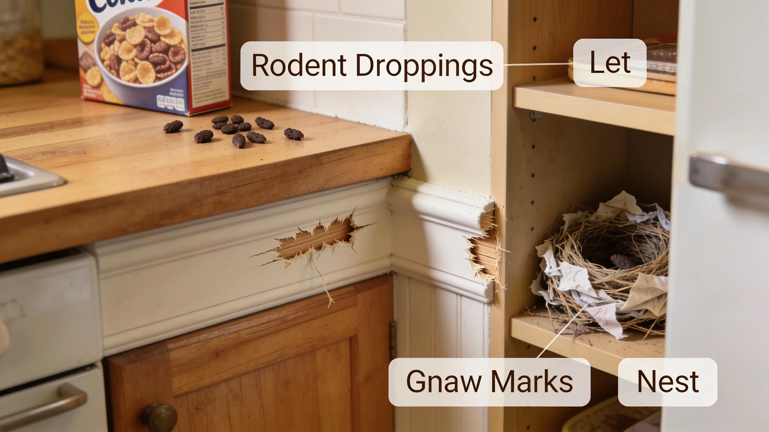 Signs of rodent activity including droppings, gnaw marks, and nests in a home environment
