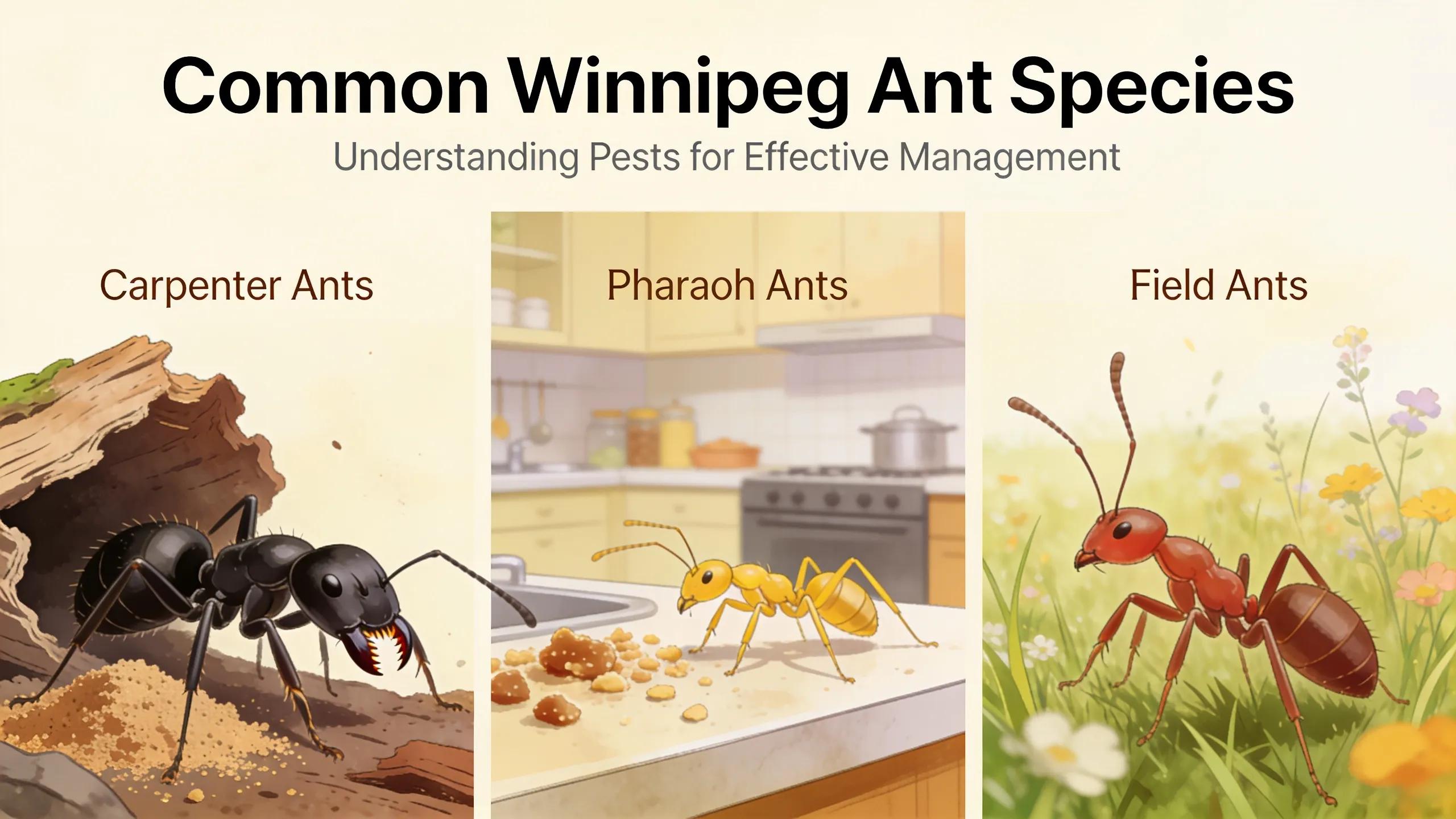 Various common ant species affecting Winnipeg homes displayed in natural environments
