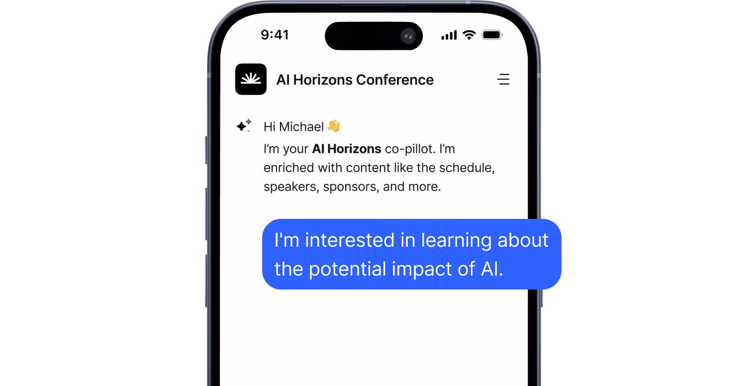Smartphone screen showing AI Horizons Conference chat welcoming Michael and a message about AI's potential impact.