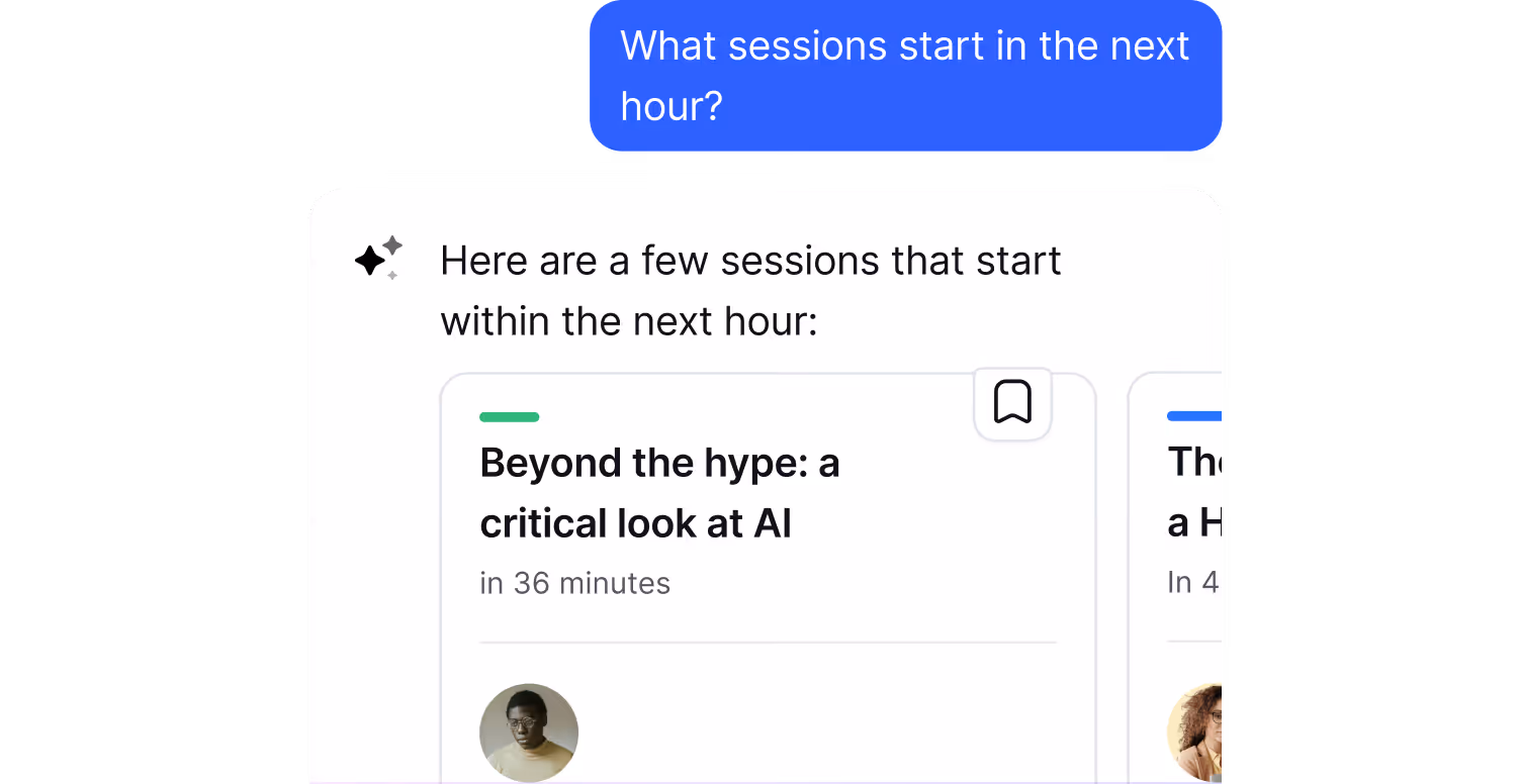 Chat showing upcoming sessions: Beyond the hype: a critical look at AI in 36 minutes with speaker photo.