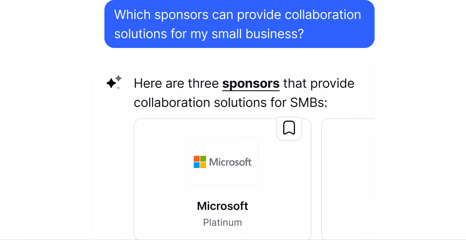 Chat message listing three sponsors including Microsoft Platinum offering collaboration solutions for small businesses.