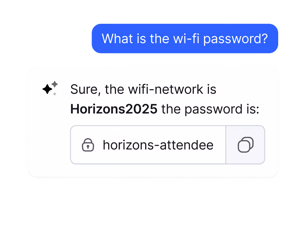 Chat: Asking for wifi password; reply shows network Horizons2025 and password horizons-attendee.