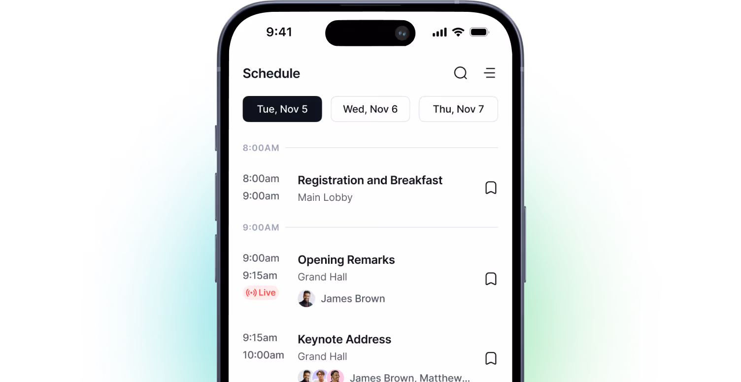 Mobile phone screen showing schedule with events for Nov 5, including Registration, Opening Remarks, and Keynote Address.