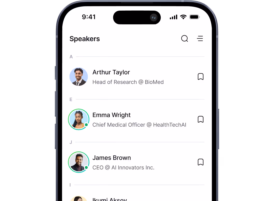 Smartphone screen showing a speakers list with names, photos, titles, and bookmark icons.