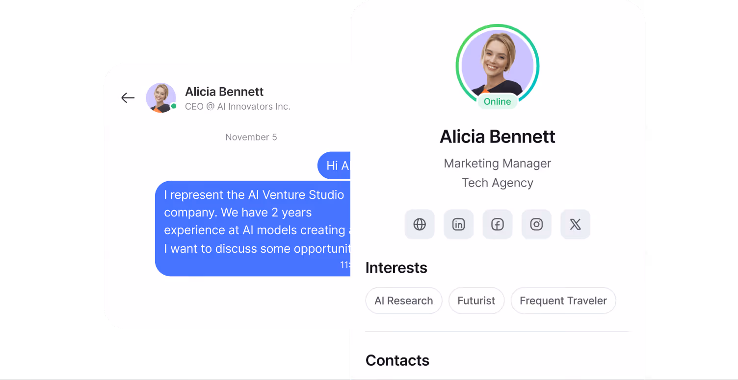 Profile of Alicia Bennett, Marketing Manager, with online status, interests, and social media icons.