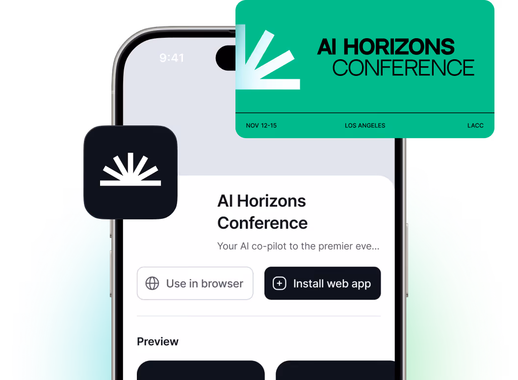 Smartphone screen showing AI Horizons Conference app with options to use in browser or install web app.