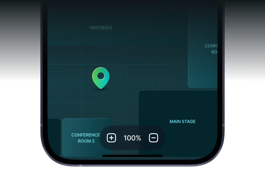 Smartphone screen showing a map with a location pin and zoom controls over conference rooms and main stage.