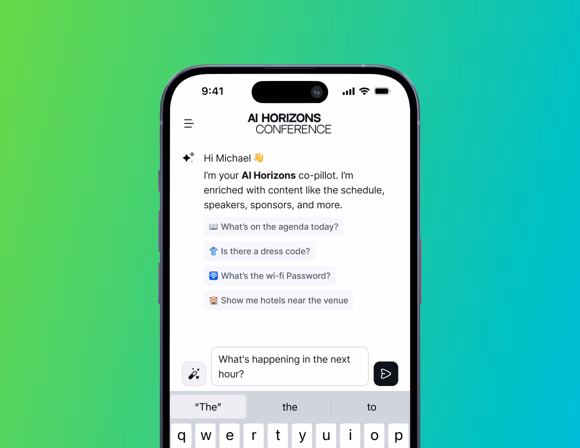 Smartphone screen showing AI Horizons Conference chat assistant with schedule, dress code, and wifi info.