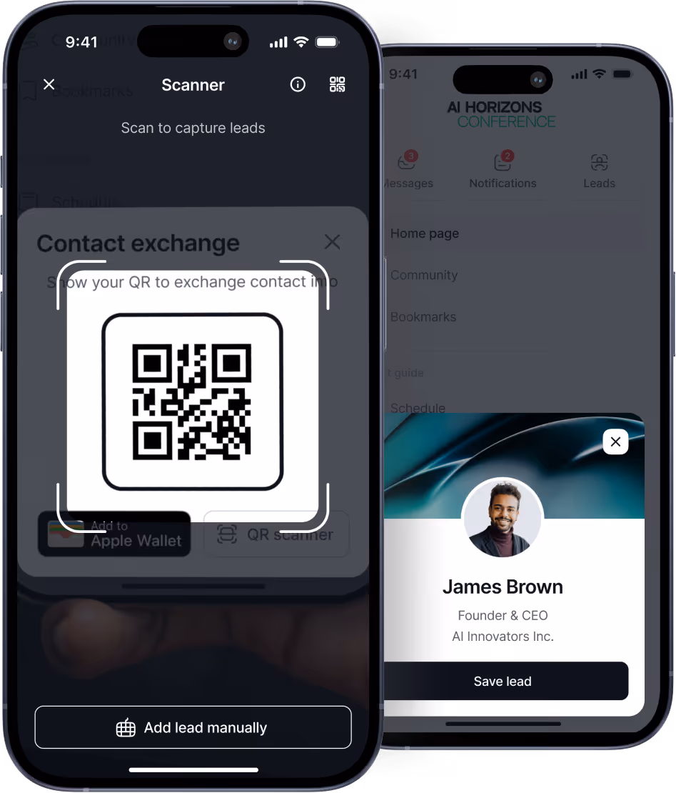 Two phones showing a QR scanner and a lead contact card for James Brown, Founder & CEO of AI Innovators Inc.