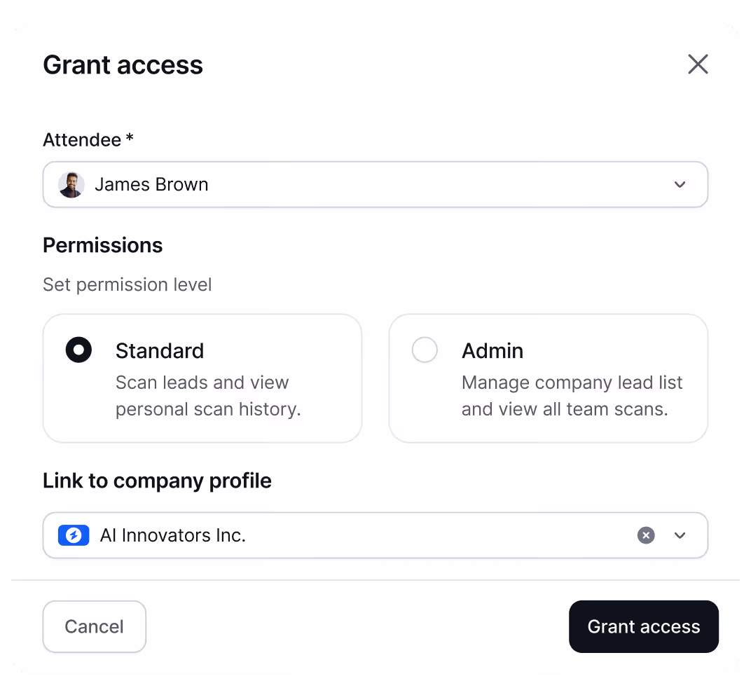 Grant access popup for attendee James Brown with options for Standard or Admin permissions linked to AI Innovators Inc.