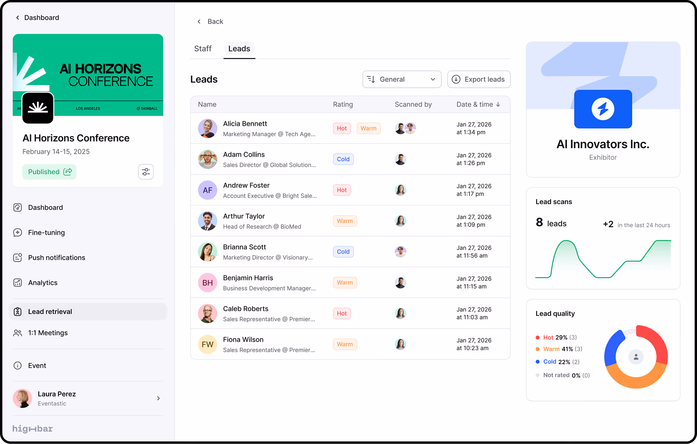 Dashboard listing AI Horizons Conference leads with ratings, scanned by details, and lead quality pie chart.