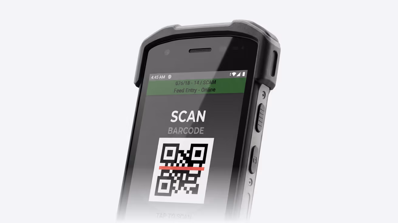 Handheld barcode scanner device displaying a screen to scan a QR code with red scanning line.