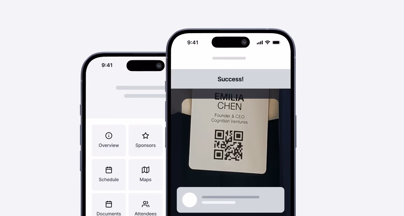 Smartphone screen displaying a successful scan of a badge with name Emilia Chen, CEO, and a QR code.