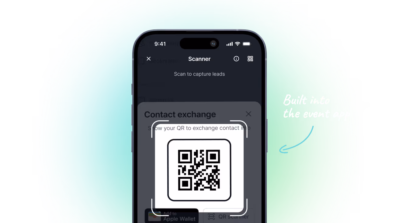 Smartphone screen showing QR code scanner for contact exchange within an event app.