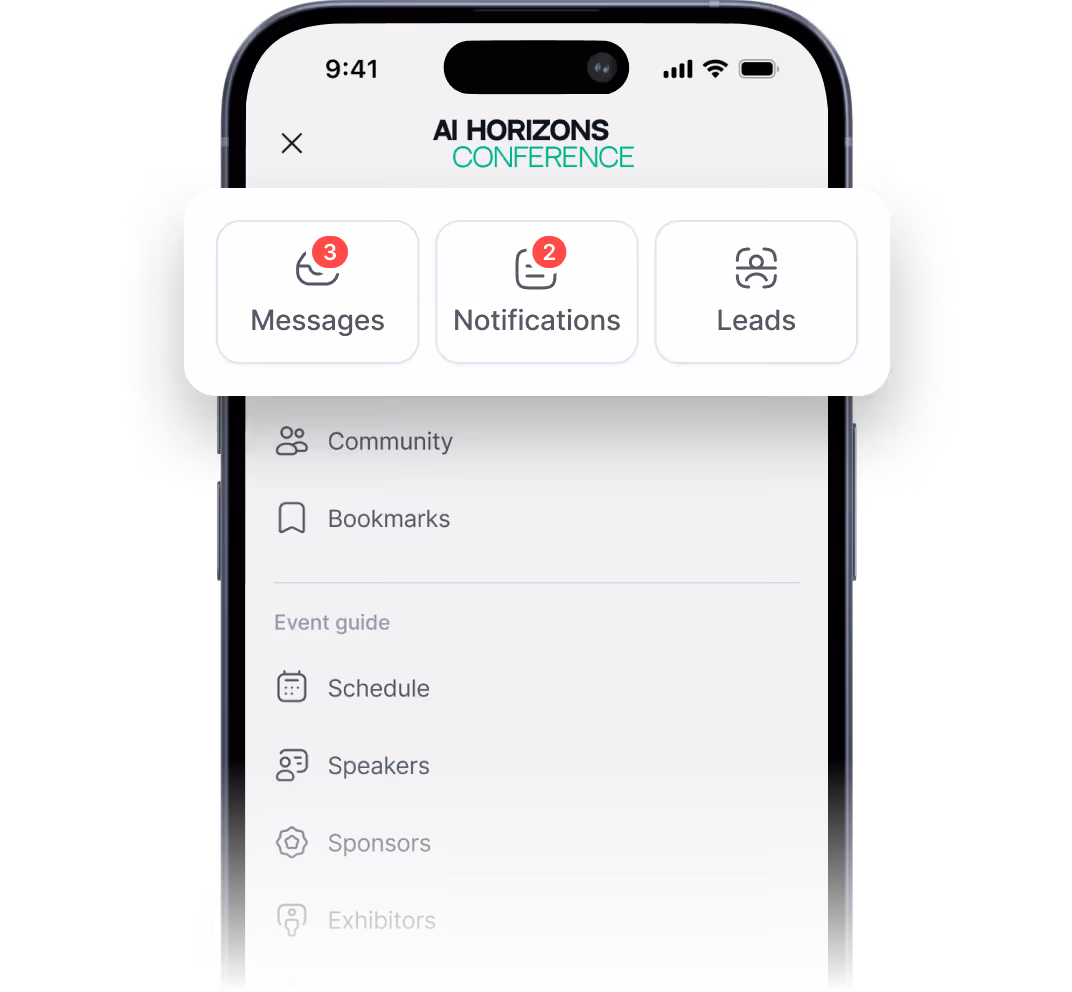 Mobile screen showing AI Horizons Conference menu with Messages, Notifications, and Leads icons.