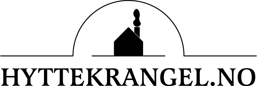 Hyttekrangel.no logo i horisontalt format som viser en hytte på en linje med røyk ut av pipa med en bue over seg og Hyttekrangel.no skrevet under