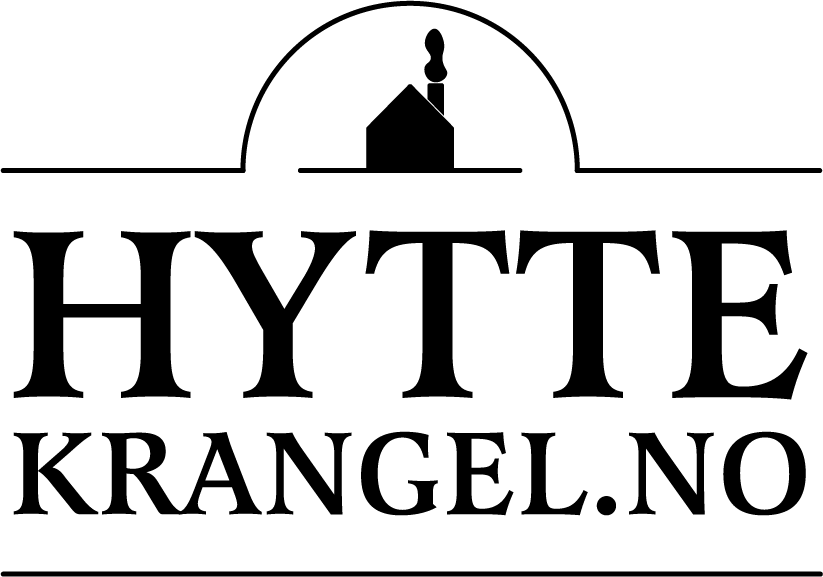 Svart Hyttekrangel.no logo i vertikalt format som viser en hytte på en linje med røyk ut av pipa og en bue over seg og Hyttekrangel.no skrevet under