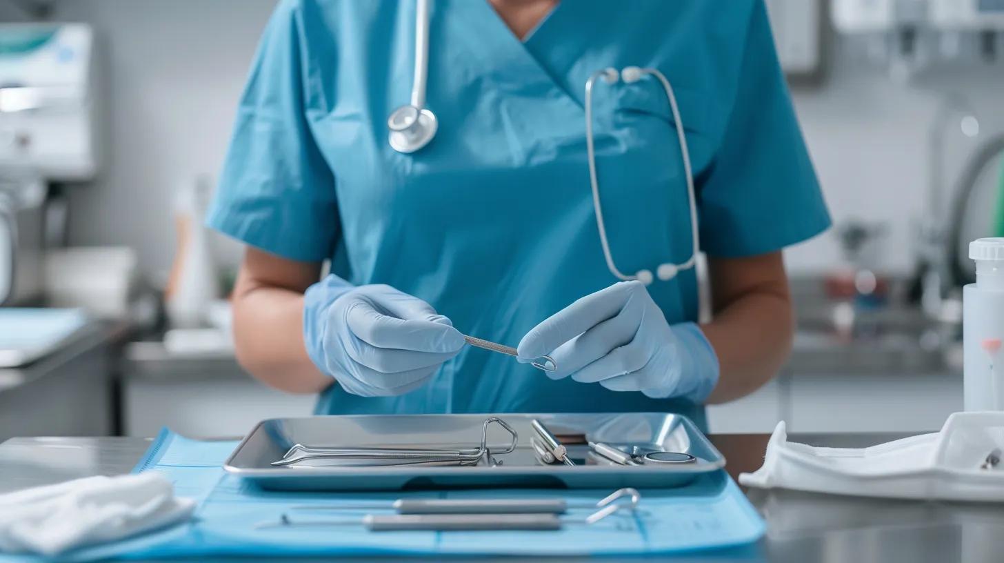 Nurse from behind organizing generic medical tools on a tray, soft grey studio background, non-specific healthcare imagery, no identifying details