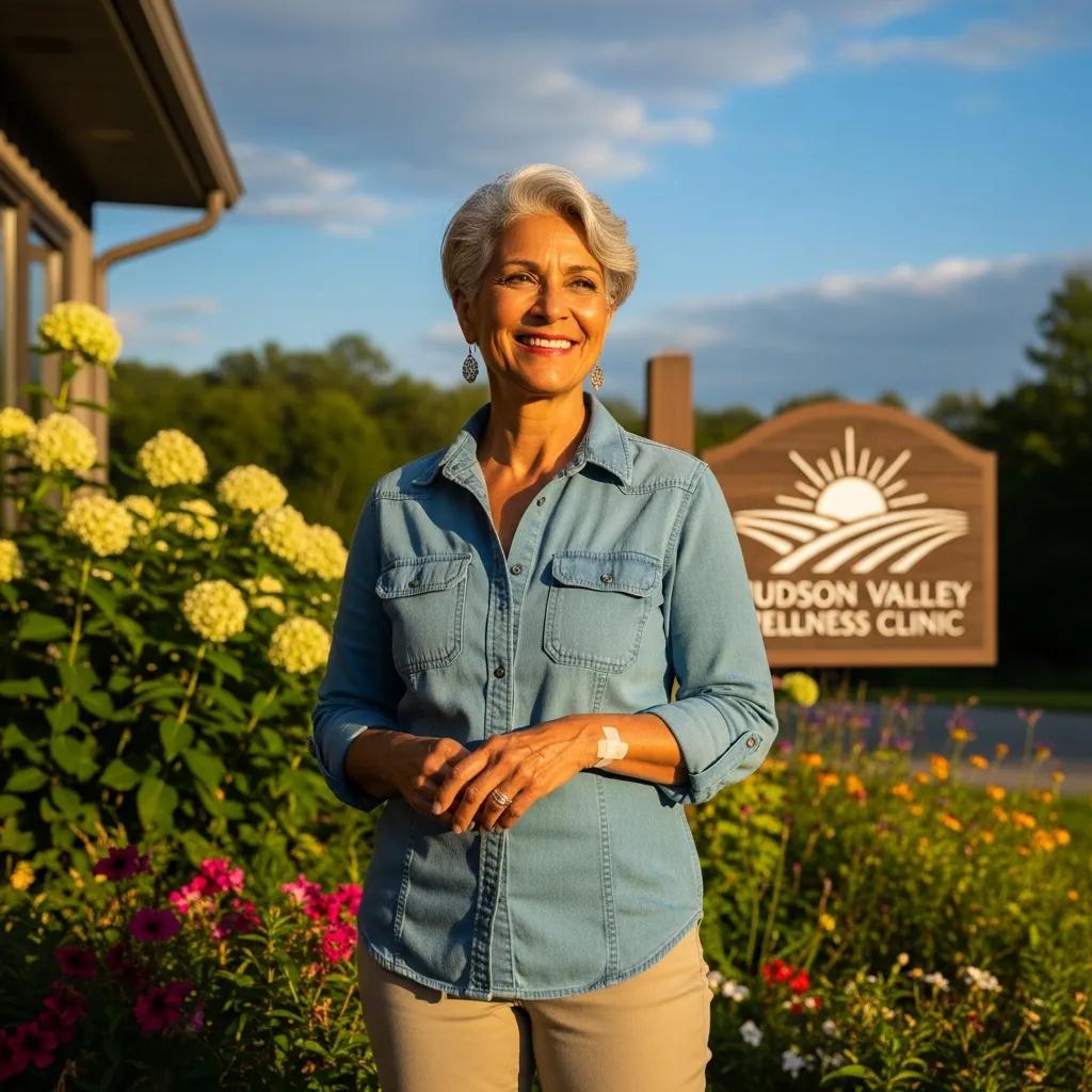 Satisfied patient smiling post-surgery outside a Hudson Valley clinic, reflecting positive outcomes