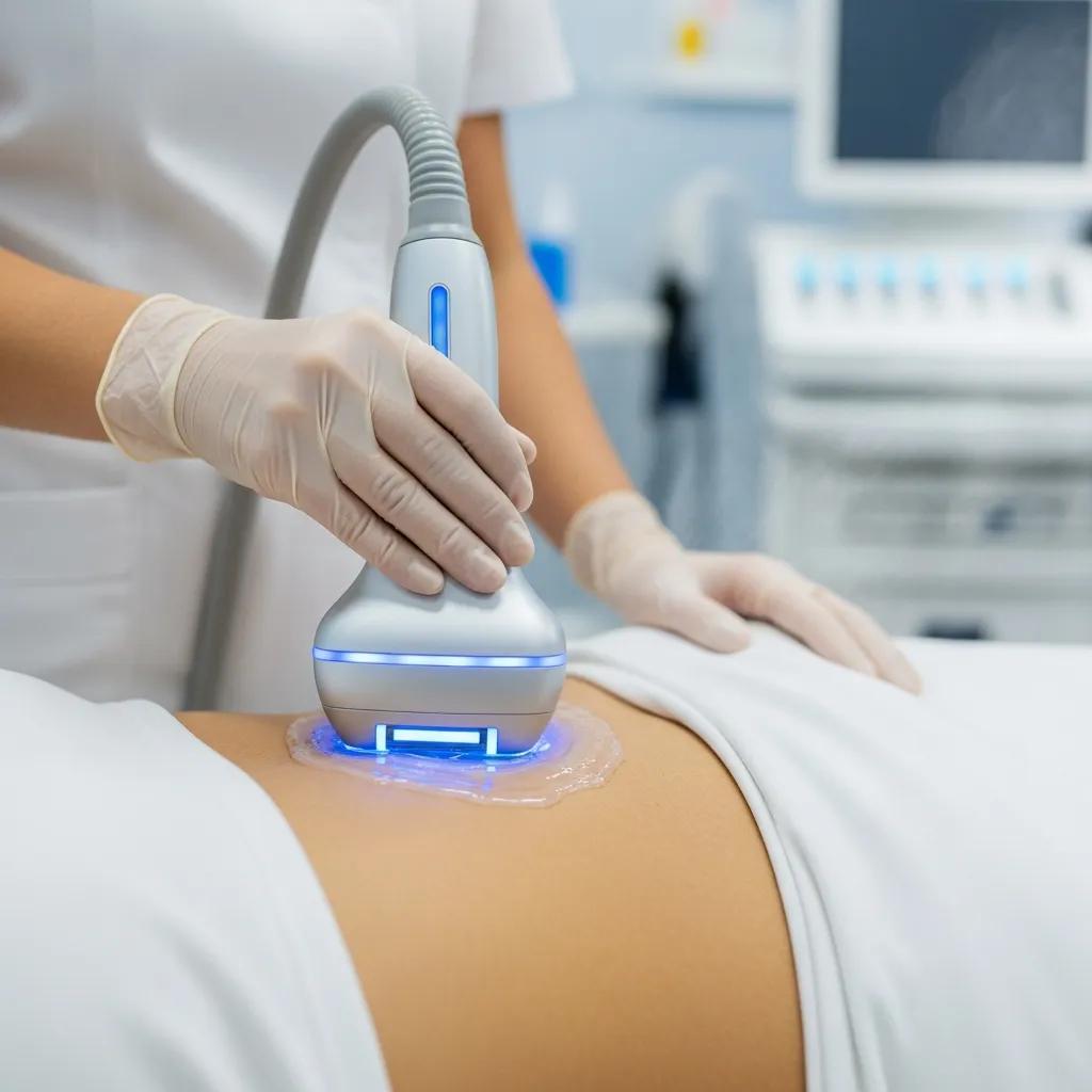 Ultrasound device in use for non-invasive fat reduction treatment on a patient