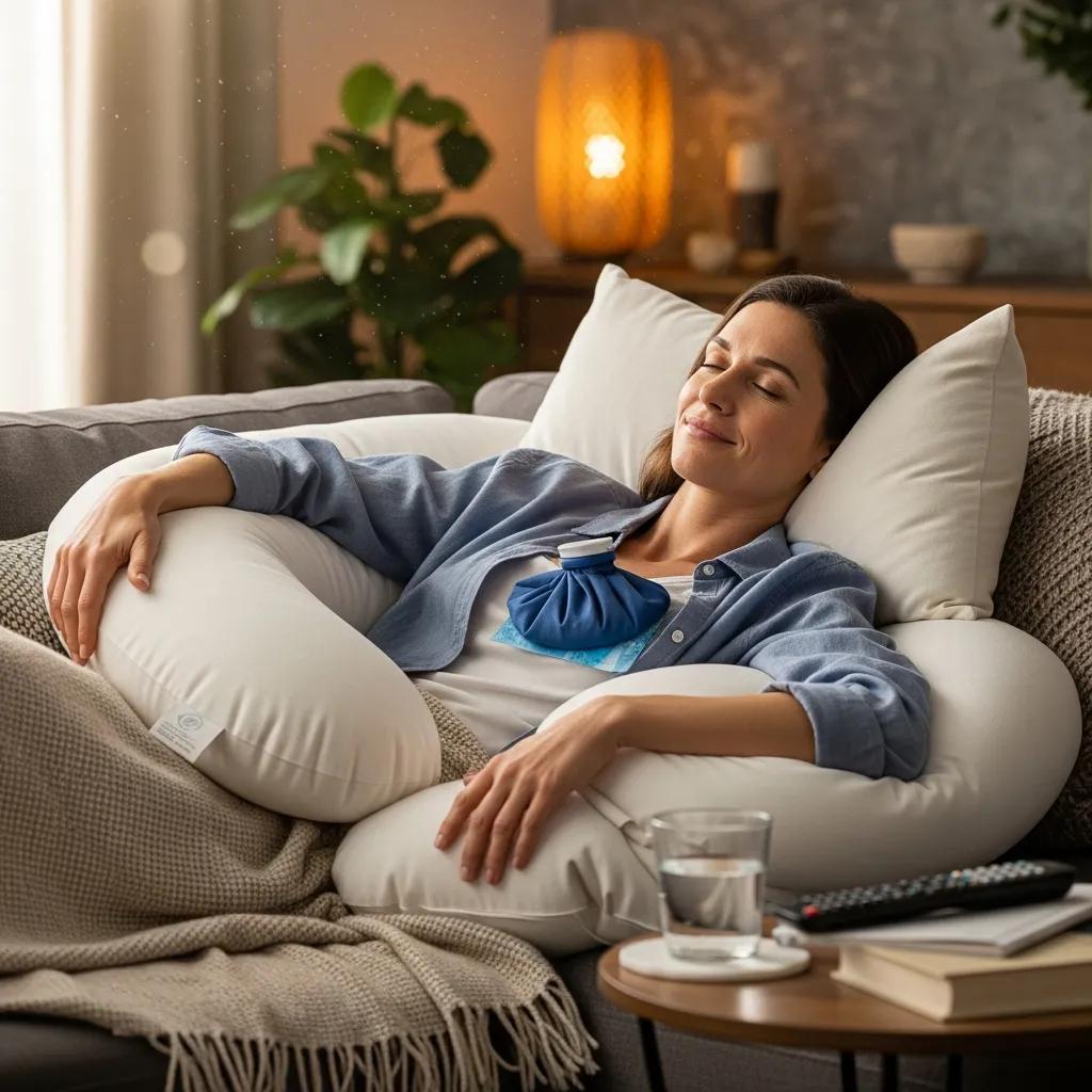 Woman resting at home after breast augmentation surgery, emphasizing recovery and self-care