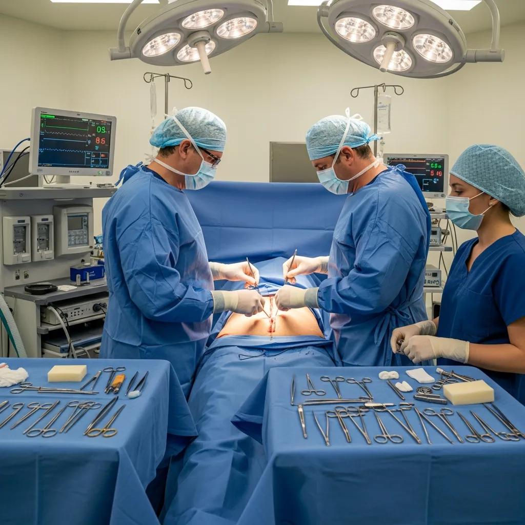 Surgical team performing a tummy tuck procedure in a sterile operating room, highlighting expertise and care