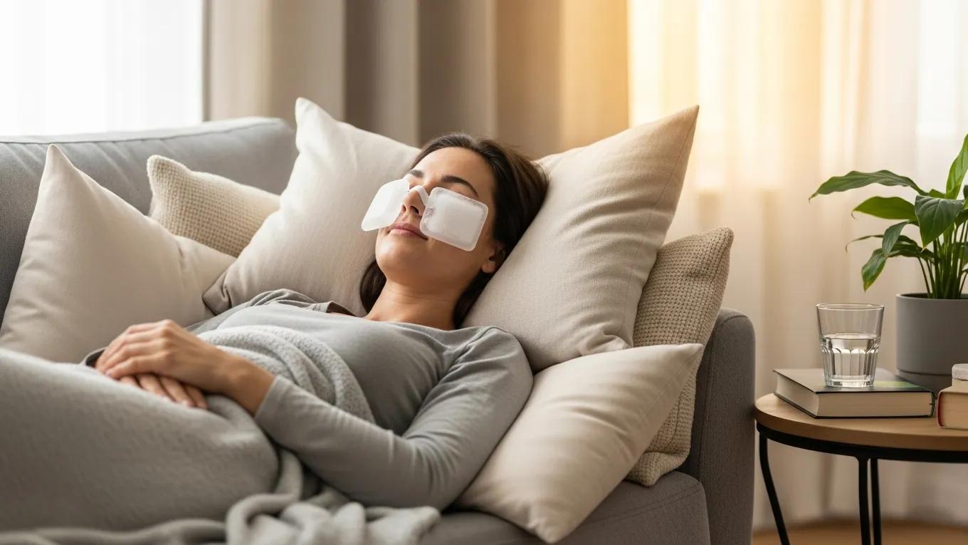 Patient recovering at home after rhinoplasty, emphasizing comfort and care