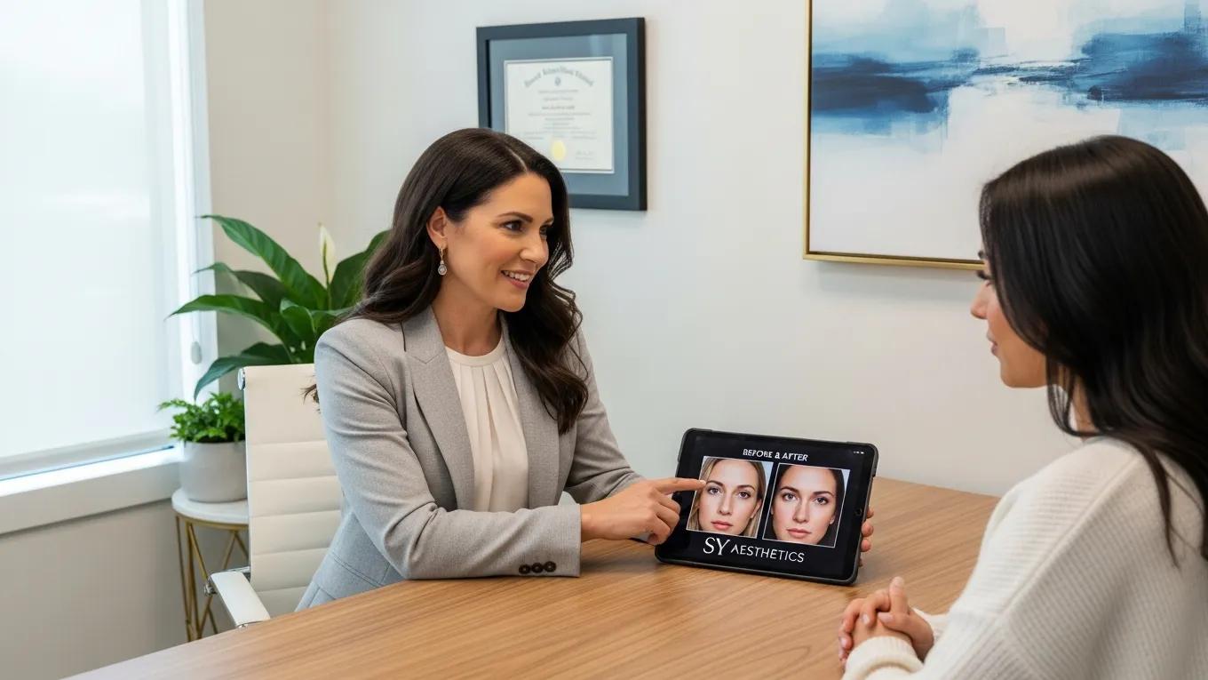 Board-certified plastic surgeon consulting with a patient about rhinoplasty options