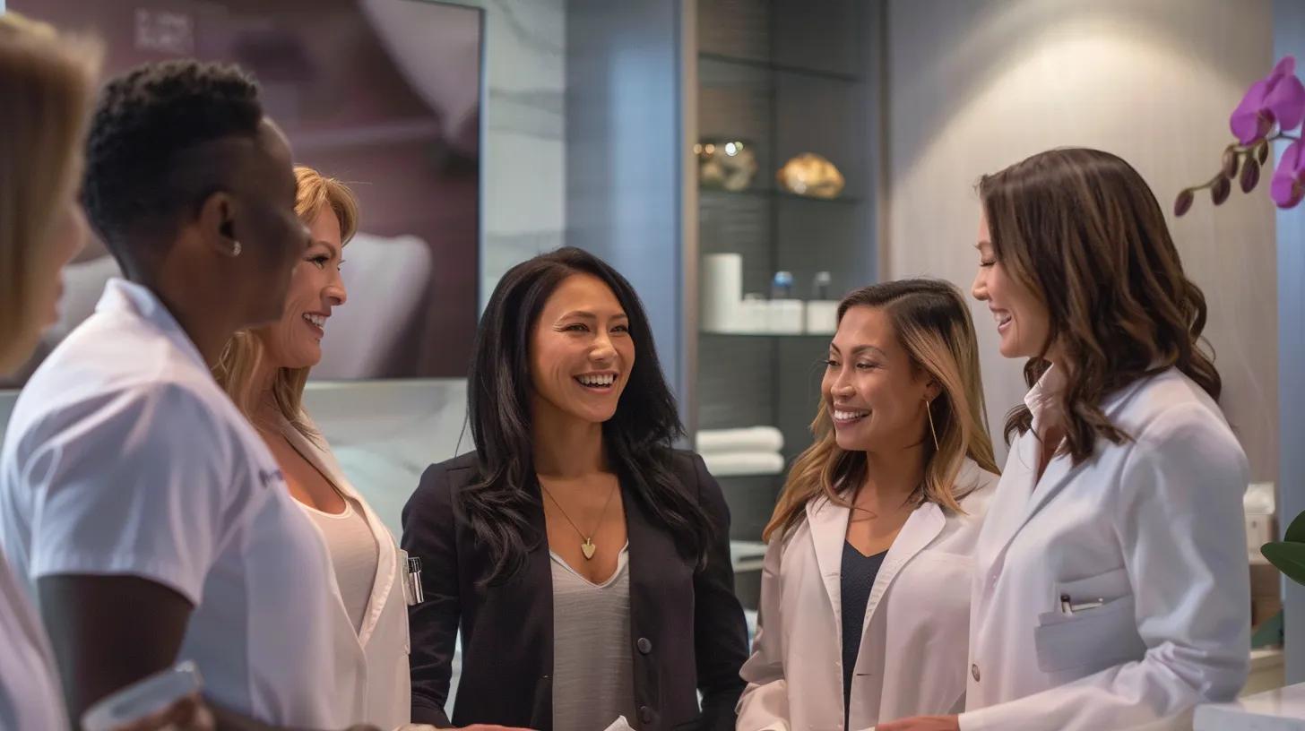 Diverse group of patients consulting about body contouring options in a welcoming med spa environment