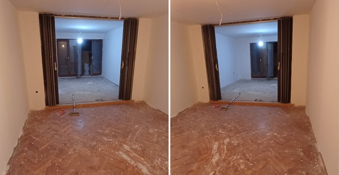 Ribina koska parket vo stan vo Cento, Skopje pred struganje i lakiranje za vreme na renoviranje