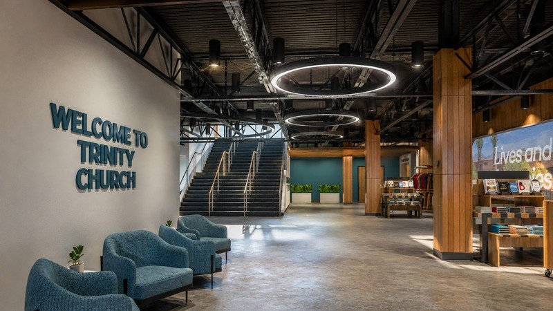 New lobby with Welcome to Trinity Church sign