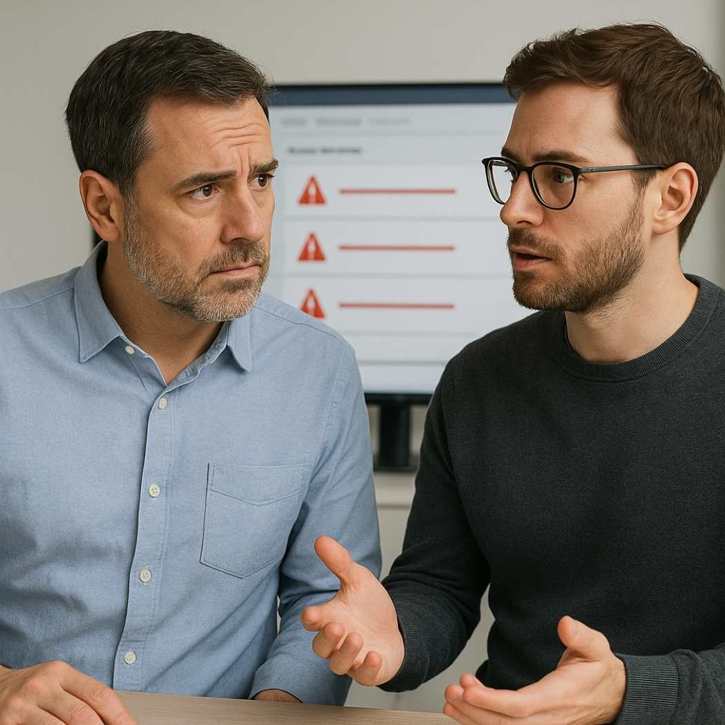 Zwei Männer in gepflegter Alltagskleidung sitzen in einem modernen Büro. Der ältere Mann links blickt den jüngeren Mann fragend an. Im Hintergrund ist ein Bildschirm mit Systemwarnungen zu sehen. Die Szene vermittelt ein Gespräch über IT Probleme oder Sicherheitsfragen.
