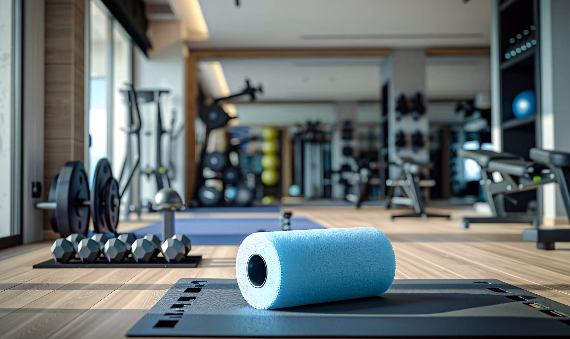 A gym with exercise mats and dumbbells.