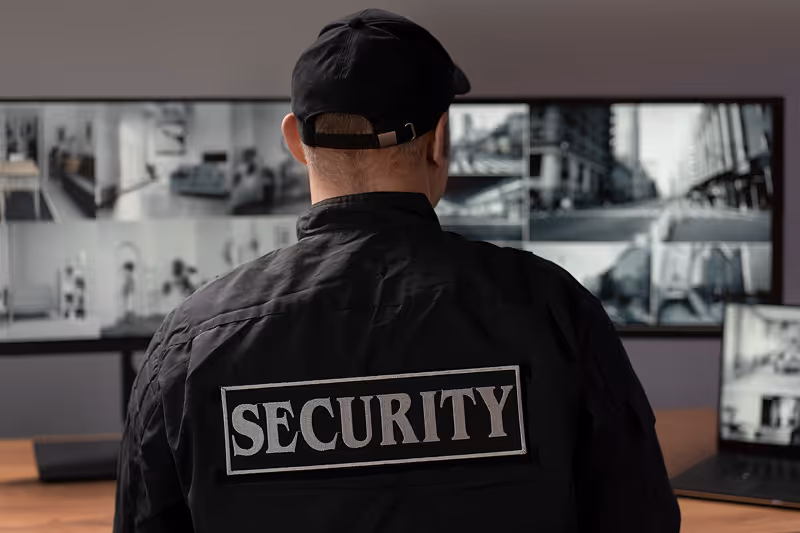 A security man standing in front of two monitors.