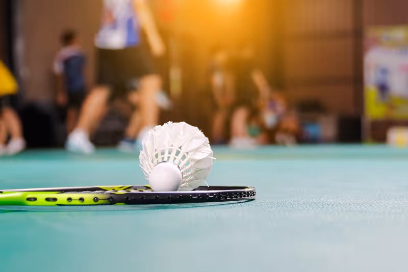 A badminton racket and a ball on a court.