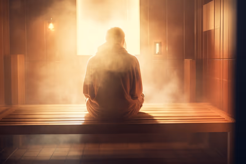 A person sitting on a bench in a steam room.