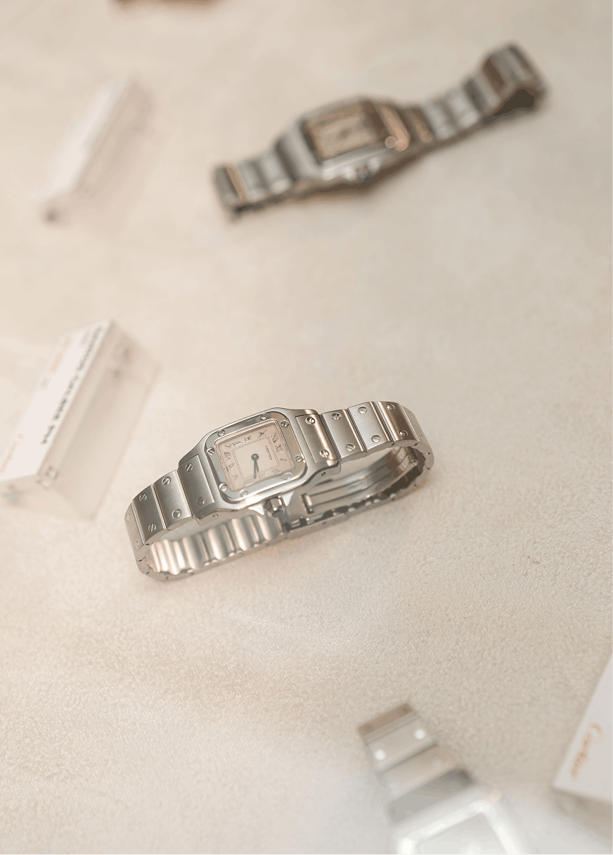 Close-up of a watch dial on display at Le Bohemian
