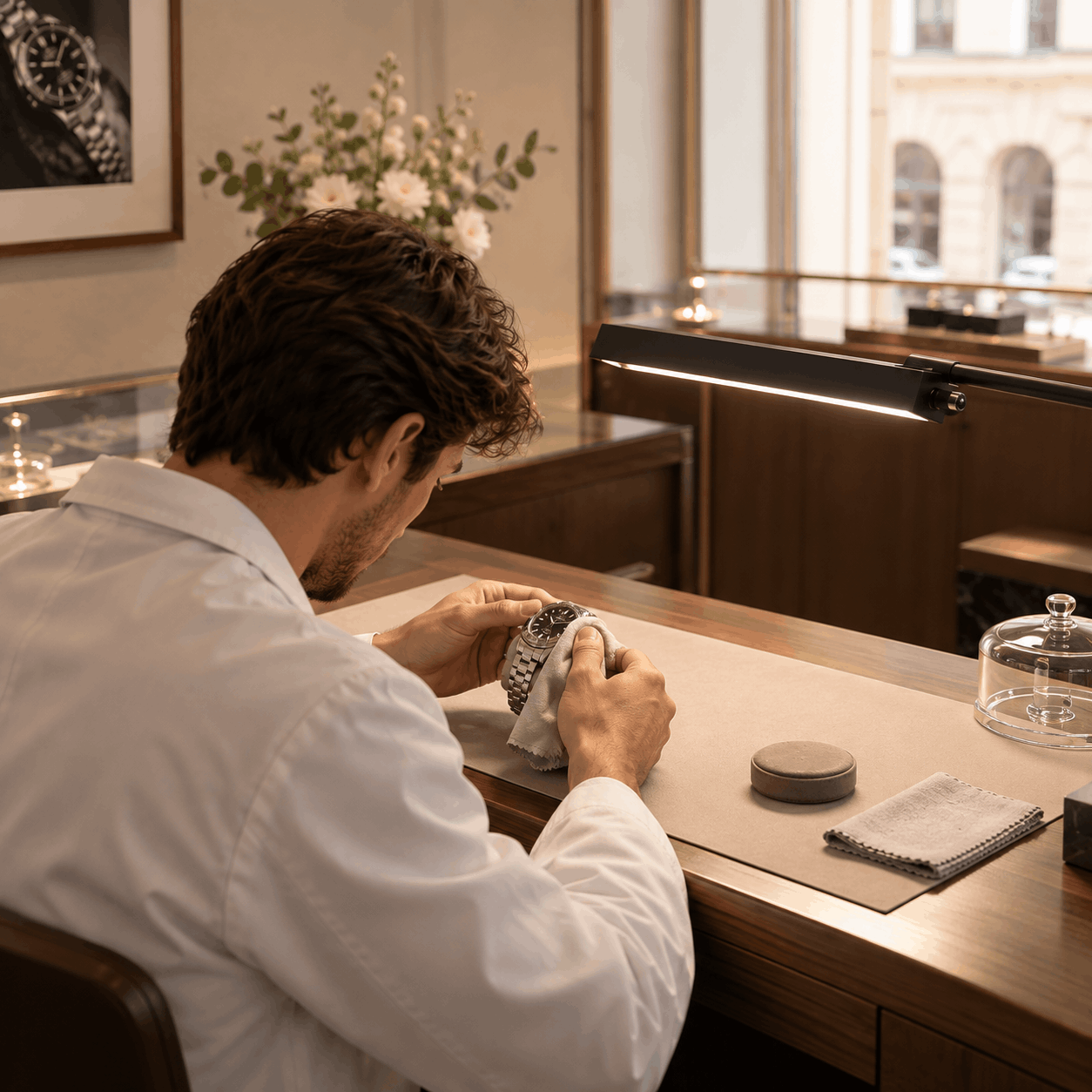 Watchmaker working at the bench with tools in the Le Bohemian workshop