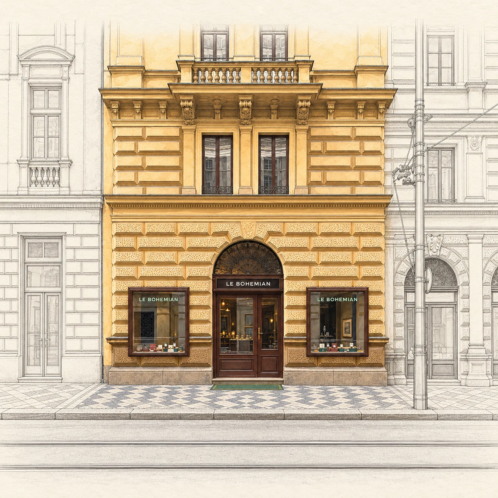 Exterior of Le Bohemian vintage watch boutique in Prague