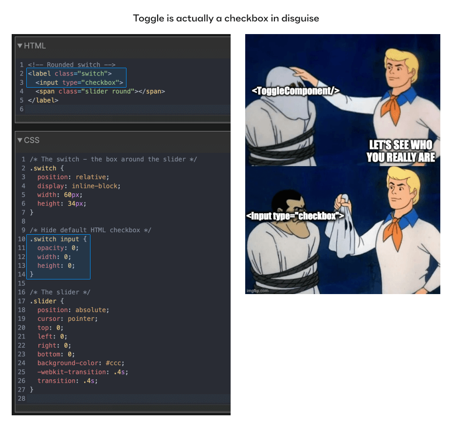 code example to show that toggle is actually a checkbox