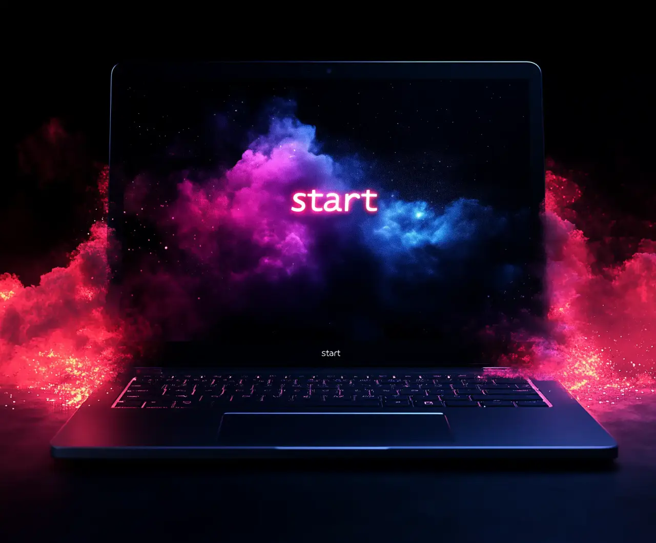 A laptop screen with the word 'start' glowing in pink, set against a vibrant cloud-like background, encouraging users to begin their digital growth journey with Rekode Studios, a web agency in Vancouver, Canada.