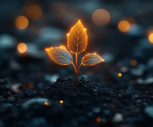 A baby plant with an orange glow coming out of the dirt, representing long term growth and effort at Rekode Studios a full service digital agency.